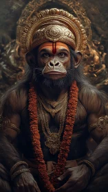 Divine simian warrior sits crowned in radiant gold armor