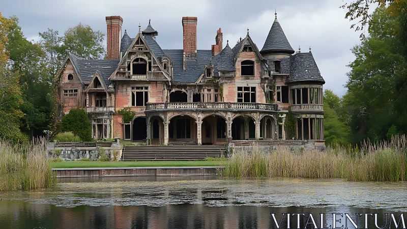 Abandoned lakeside Victorian manor with ornate decayed facade.