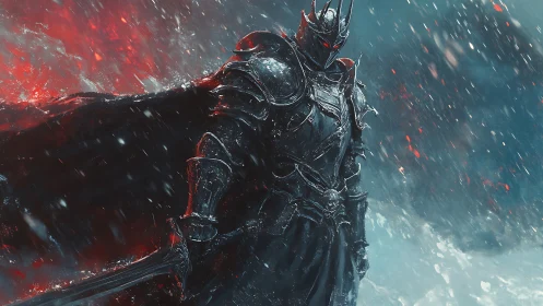 Armored dark knight in blizzard with glowing red eyes poised