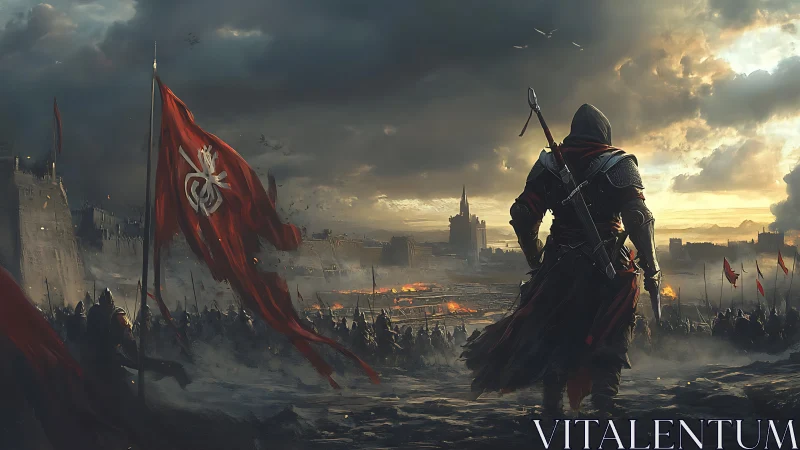 Cloaked warrior overlooking siege with cinematic battle staging.