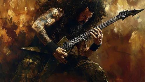 Kinetic metal guitarist in high-gain motion blur abstraction.