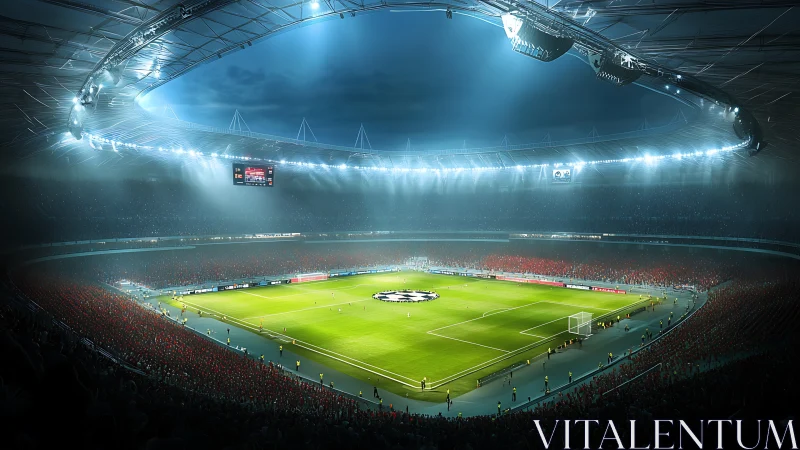 Stadium lights glow as a packed football arena comes alive