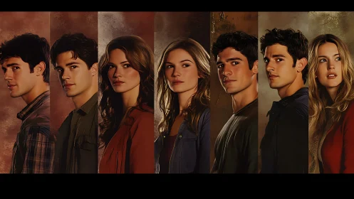 Cinematic ensemble portrait under warm split lighting study.