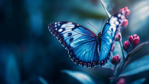 Blue butterfly rests on red flower buds in soft twilight