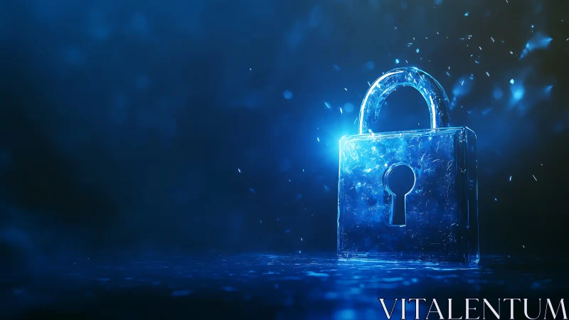 Translucent padlock rendered in blue digital lighting.