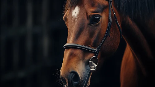 Close-up bay horse head with bridle against dark background.