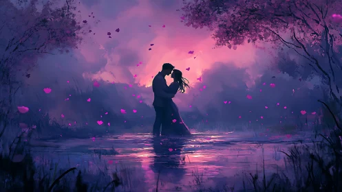 Lovers Kiss in Glowing Petals Beneath Purple Sky.