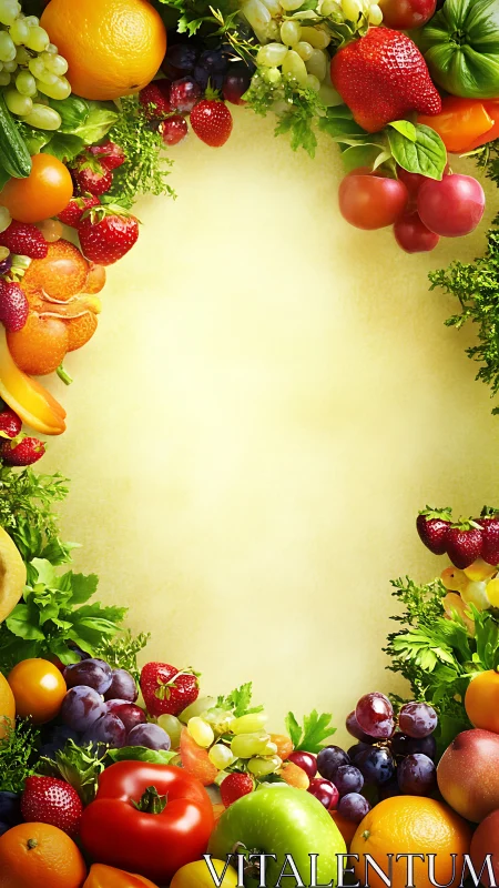 Photorealistic fruit border with central negative space layout.