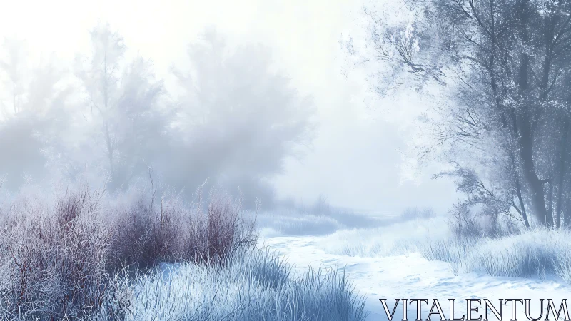 Frosted winter meadow with misty tree line and pale light.