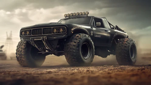 Lifted off-road pickup exhibits oversized mud tires and rugged armor