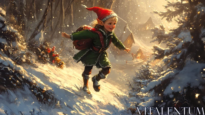 Joyful Christmas elf runs through a glowing winter forest.