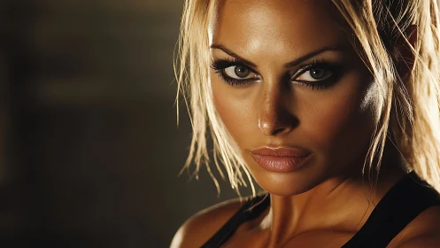 Intense close-up portrait of athletic woman in dramatic lighting.