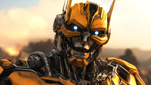 Yellow armored humanoid robot head in outdoor setting.