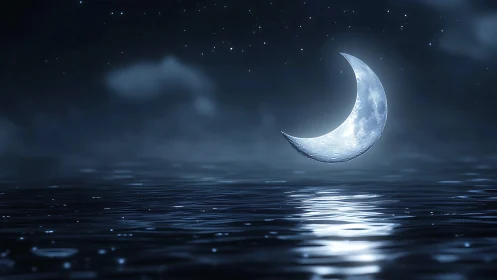 Crescent moon hovering low over dark reflective water.