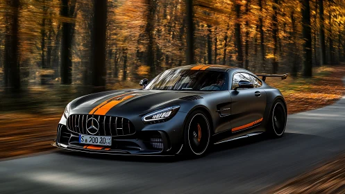 Matte black Mercedes sports car on forest road in autumn.