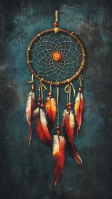 Textured dreamcatcher with radial web and ember-toned feathers.