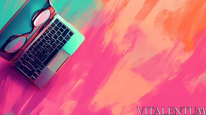 Color-drenched laptop and glasses on neon abstract field.