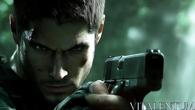 Battle-hardened operative aiming handgun in cinematic close-up.