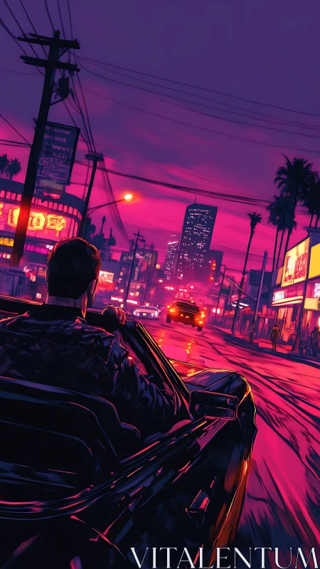 Neon-lit driver cruising through synthwave city streets at dusk.