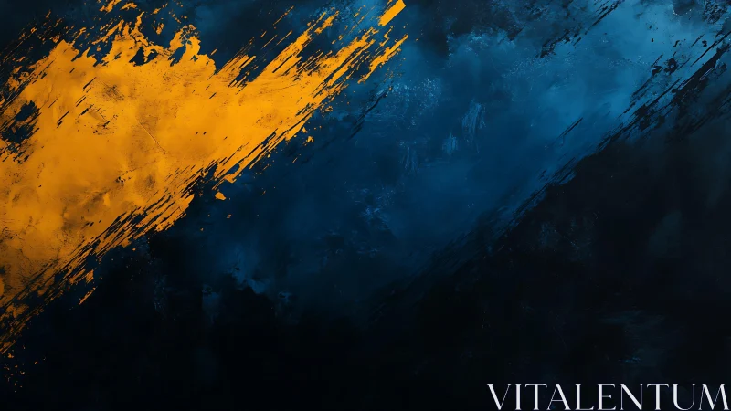 Bold yellow brushstroke on blue abstract textured background.