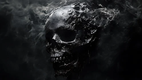 Smoldering dark skull quietly rises from swirling smoke