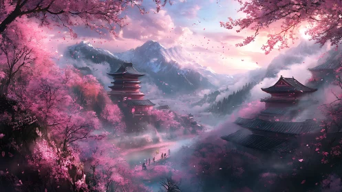 Petal storms drift through temples dreaming of distant peaks