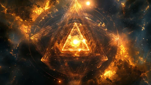 Stellar sigil ignites a blazing tetrahedral cosmic gate.