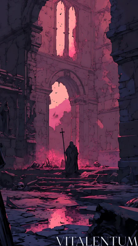 Ruined cathedral drinks twilight as the pilgrim claims silence