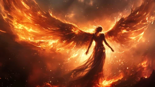 Fireborn angel emerges from blazing celestial inferno