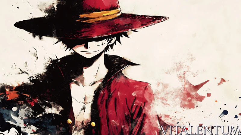 Red-coated anime swordsman in wide hat, painterly style.