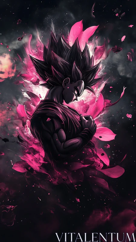 Stylized muscular figure is rendered amid pink energy fragments