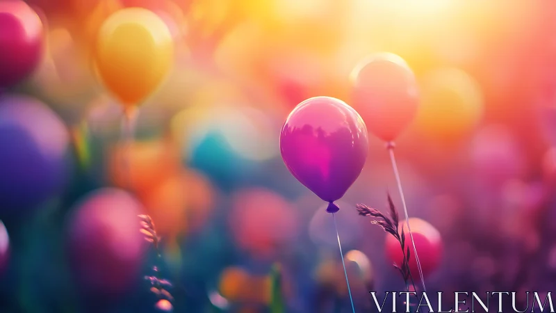 Balloons floating against gradient background with bokeh light effects.