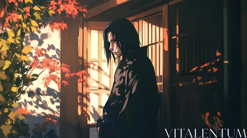 Quiet autumn doorway welcomes a thoughtful, shadowed figure