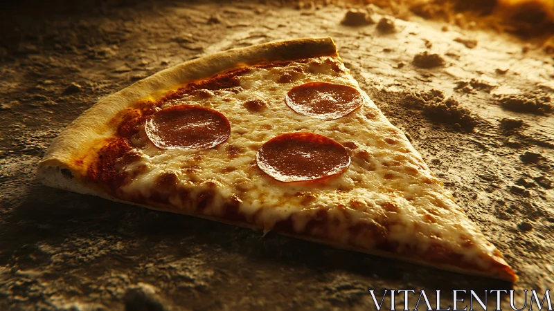 Cinematic close-up of pepperoni pizza slice under warm light