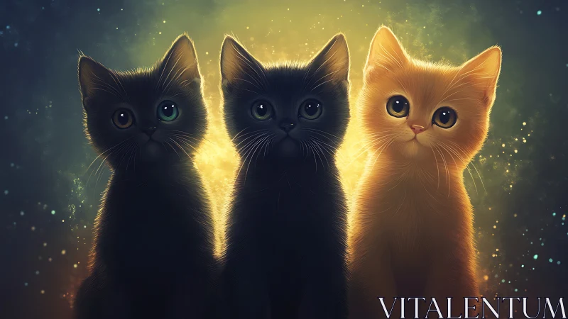 Three Luminous Cats Against Golden Ethereal Background.