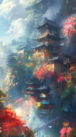 Vertical pagoda citadel in mist with vibrant autumn foliage.
