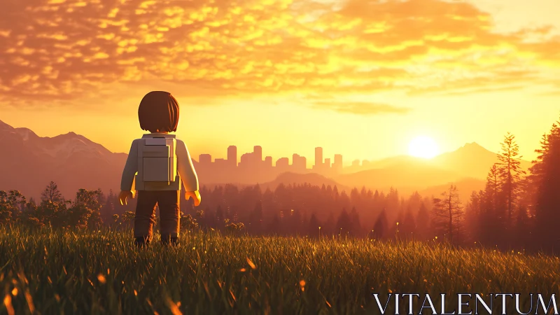 Backpack wanderer meets sunrise city beyond wild hills.