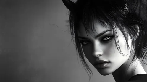 Monochrome demoness portrait with cinematic rim lighting.