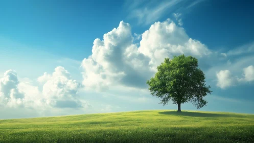 Lone Tree on Green Hill Under Blue Sky, Photorealistic Landscape.