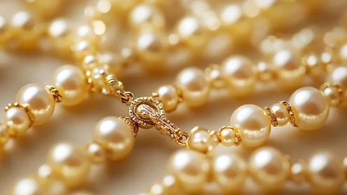 Golden clasp dreams amid creamy pearl necklace constellations.