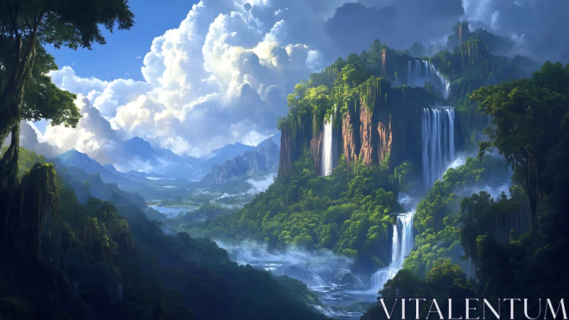 Cascading skyward, emerald cliffs trade whispers with clouds