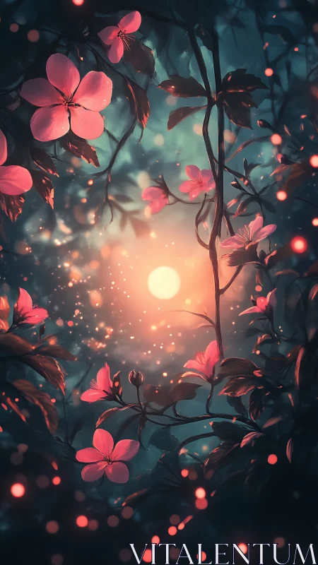 Circular light source illuminates stylized flowers and foliage