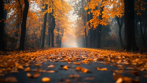 Golden Corridor: Autumn's Luminous Cathedral of Fallen Leaves.