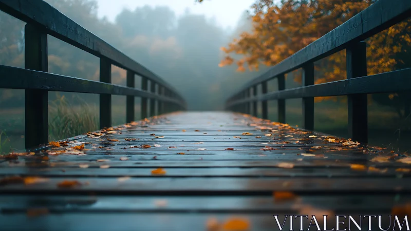 Foggy wooden bridge glistens with autumn rain and leaves.