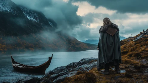 Viking warrior contemplates a misty fjord before departure