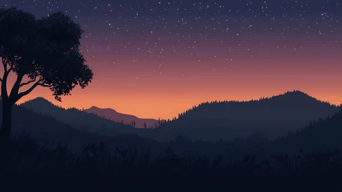 Gentle twilight hills glow softly beneath a quiet starry sky