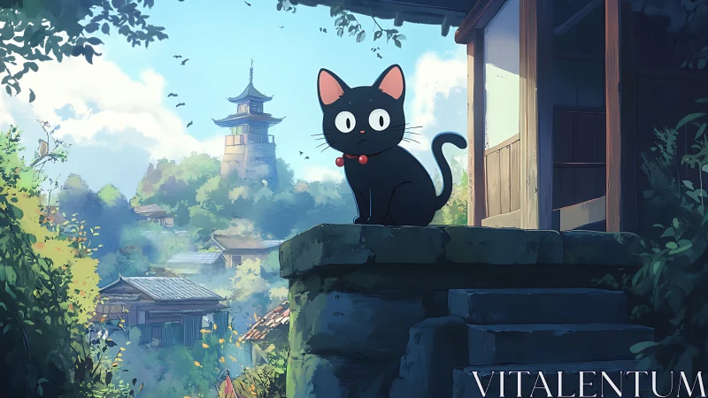 Black cat sits on stone ledge before rural village landscape