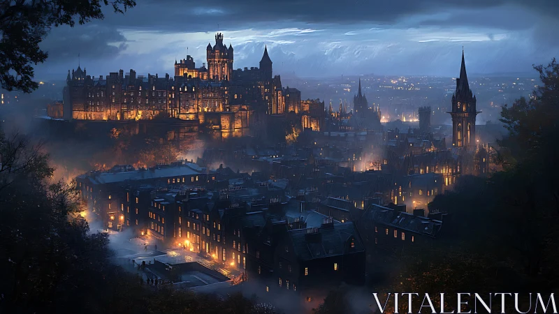 Medieval hilltop fortress over dense city at rainy dusk.