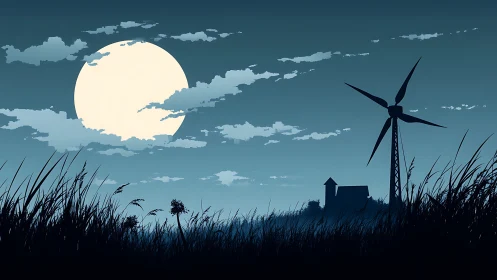 Moonlit meadow calm with quiet windmill silhouettes.