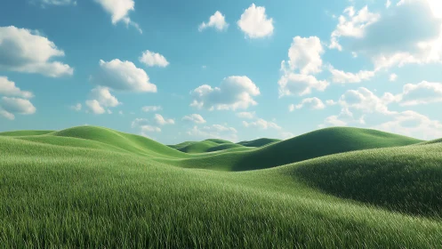 Soft rolling green hills under a bright wandering sky.